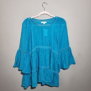SPENSE NWT Penelope Tiered Blouse | Peasant Top | Bright Teal Blue | size Large